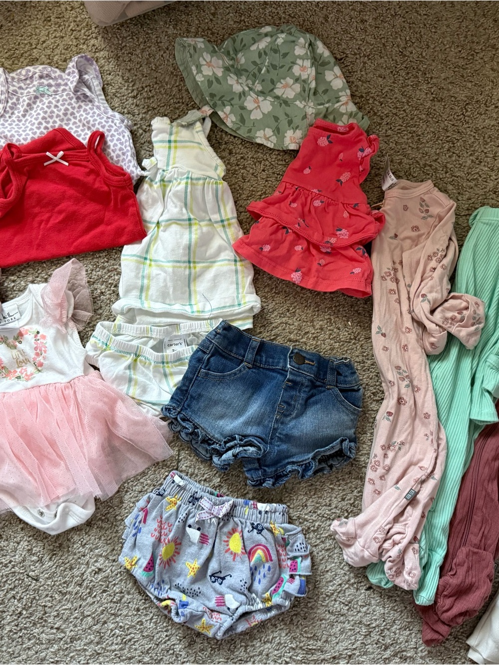 Mixed Baby Girl Clothing Bundle with Floral Sun Hat - Pink, Red, Green, Denim